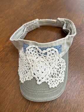 Handcrafted/Added Crocheted heart Visor Sun Hat - Light Khaki hat w Cream Hearts